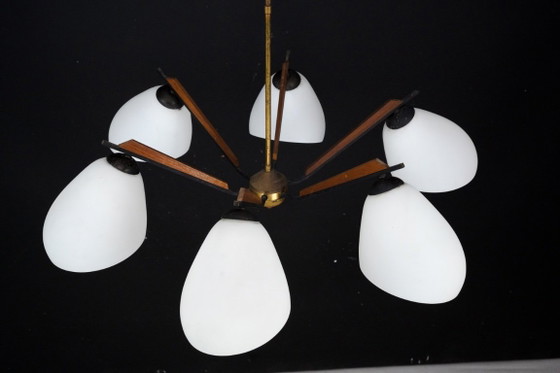 Image 1 of Italian Mid-Century six arms chandelier in the manner of Stilnovo. Italy 1950s.