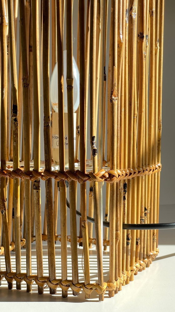 Image 1 of Vintage Wicker Wood Cube Lamp