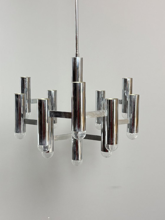 Image 1 of Mid-Century Design Large Sciolari Chandelier with Chromed Frame, Italy, 1970s
