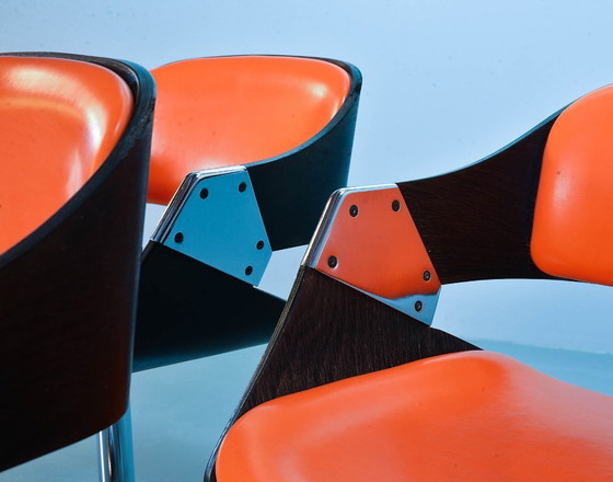 Image 1 of Rudi Verelst Radiant Orange Mid-Century Design Dining Chairs on Chrome Pedestal for Novalux. Set of 6. Belgium, 1960s