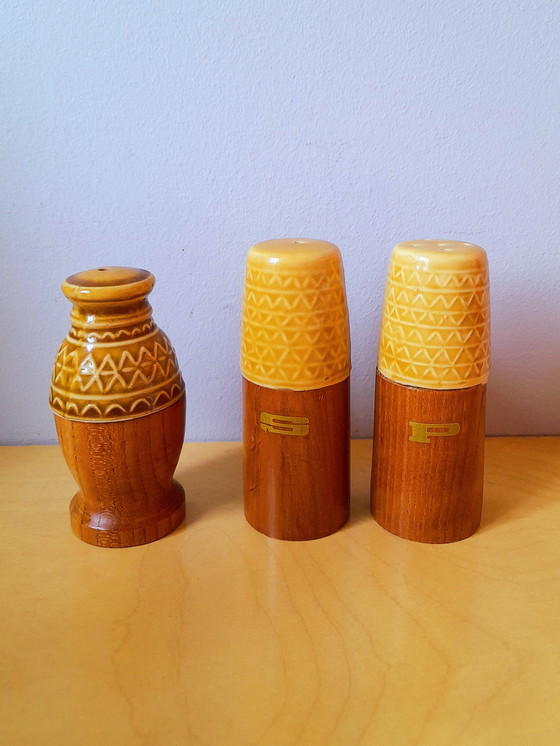 Image 1 of Set à condiments, céramique et bois 1970