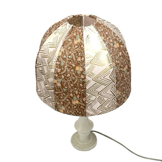 Image 1 of Lampe de table italienne vintage en albâtre/onyx, abat-jour cousu à la main, années 1960.