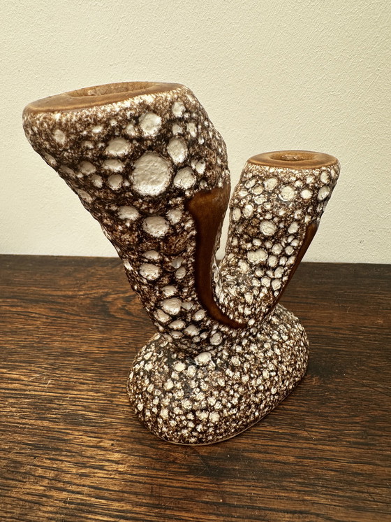 Image 1 of Vintage enamel and fat lava two-branch candle holder - attributed to Vallauris - Vintage