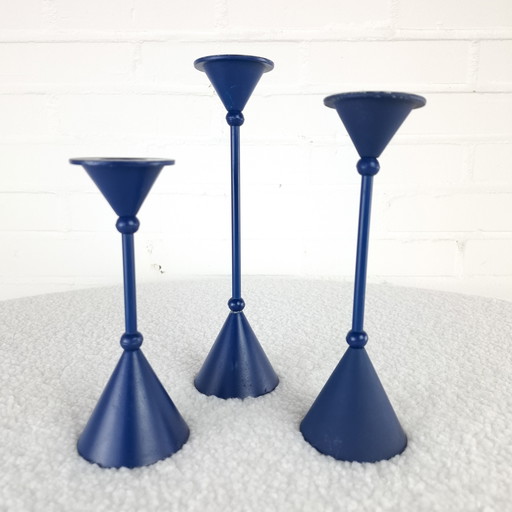 Juego de 3 candelabros Memphis Milano años 80 azul