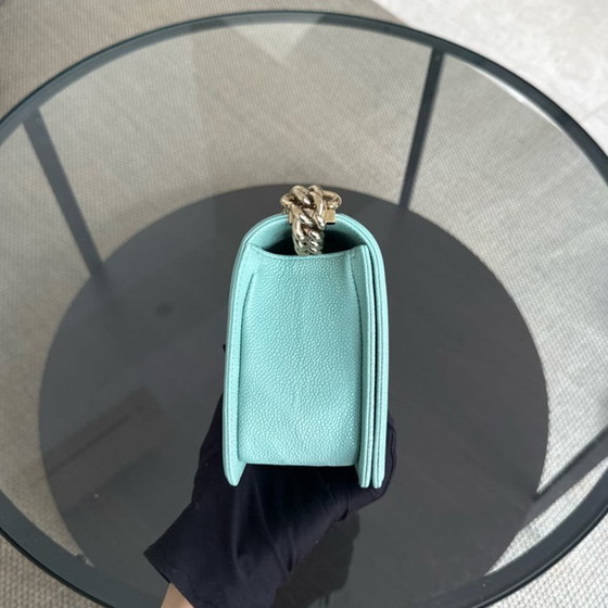 Image 1 of Chanel Boy Medium - 25CM Quilted Tiffany Blue Gold Hardware Series 29