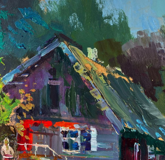 Image 1 of Original Oil Painting Summer Village Landscape Lonely house on the green of the hill