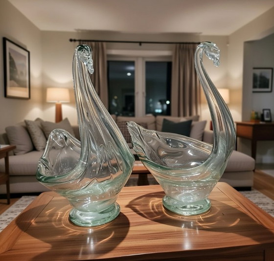 Image 1 of (W018) PAIR of large Chribská swan bowls – Josef Hospodka – 31 and 32 cm – ca. 1965