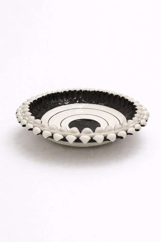 Image 1 of Caltagirone Ceramic Centerpiece, Sicilian Pottery Black & White Geometric Bowl, Hand-Painted Modernist Art, Handmade in Italy