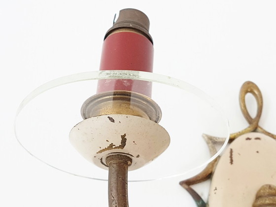 Image 1 of PRACHTIGE DUBBELE METALEN WANDLAMP, MESSING & GLAS, VINTAGE UIT DE JAREN 1940-1950