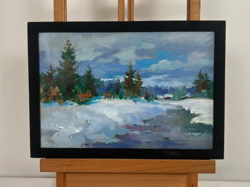 Original Oil Painting Winter River Landscape River under a blanket of snow