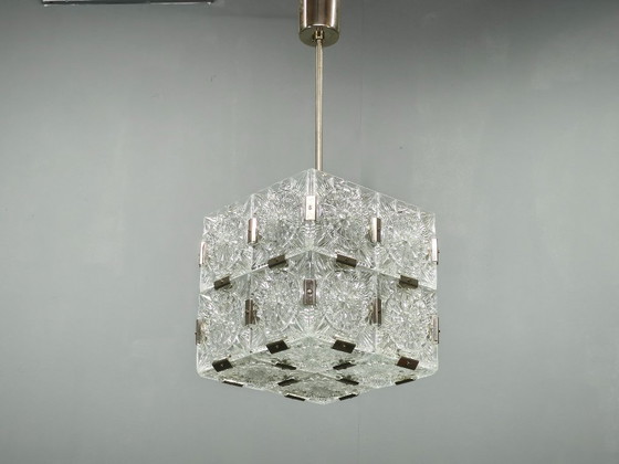 1970s Kamenicky Senov Czech Crystal Glass and Chrome Pendant Light, Chandeliers, Metal, Transparent (photo 2 of 10)