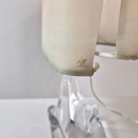 Image 1 of Vintage tafellamp uit de jaren 70 met kristallen kom, reiger en lampenkap.