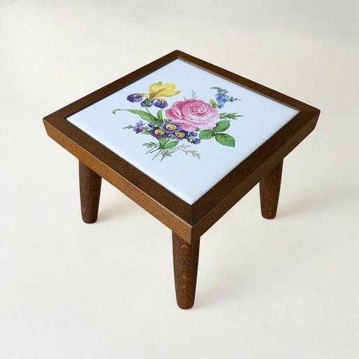 Rare vintage mini flower table with tile motif - rose blossom - 60s