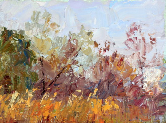 Original Oil Painting Nature Landscape Meadow Autumn Sedge, Paintings & Drawings, Canvas, Orange (photo 8 of 8)