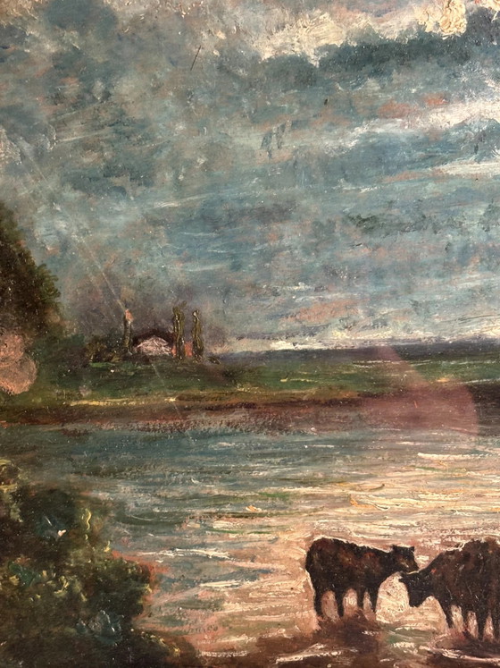 1950s Oil Painting on Board of Cows at Sunset, Paintings & Drawings (photo 7 of 10)