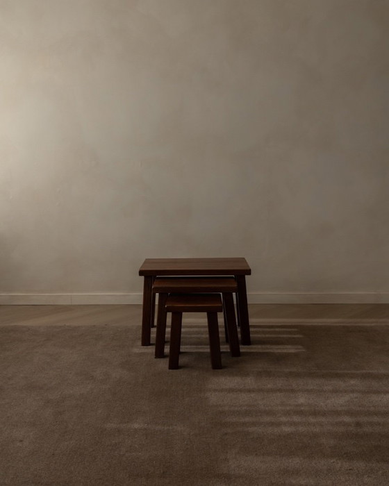 Image 1 of Vintage Brutalist Solid Oak Nesting Tables (Set of 3) – Dutch, 1970s