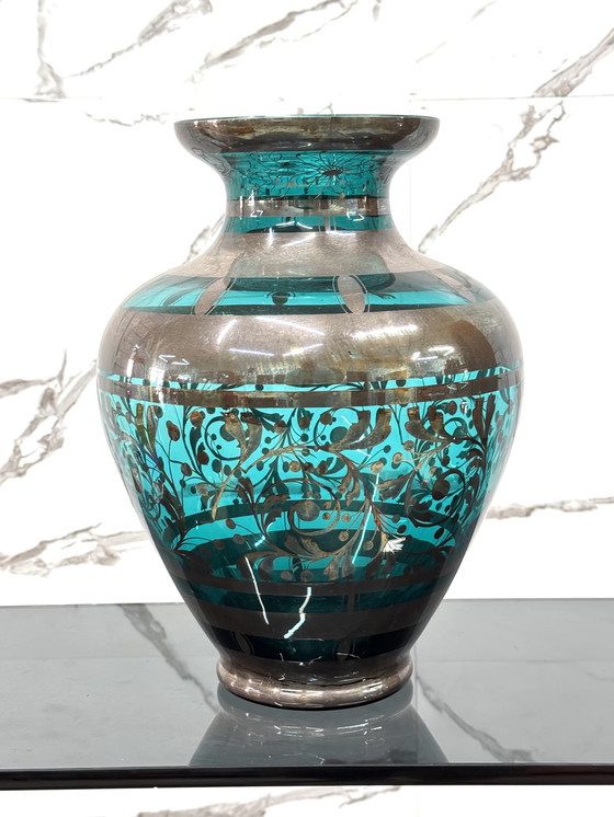 Image 1 of Vase In Glass And Silver Overlay American Art Deco 1930's Design