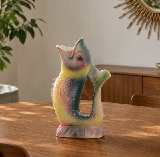 Image 1 of Large antique French zoomorphic polychrome fish vase in earthenware