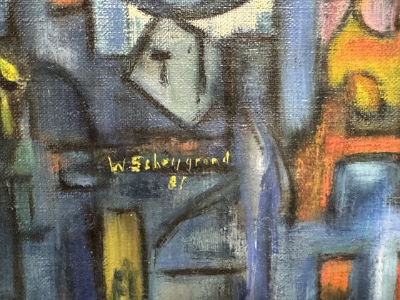 Image 1 of Blue Village Scene by W. Scheijgrond, acrylic on board, Netherlands (attributed), mid–late 20th century