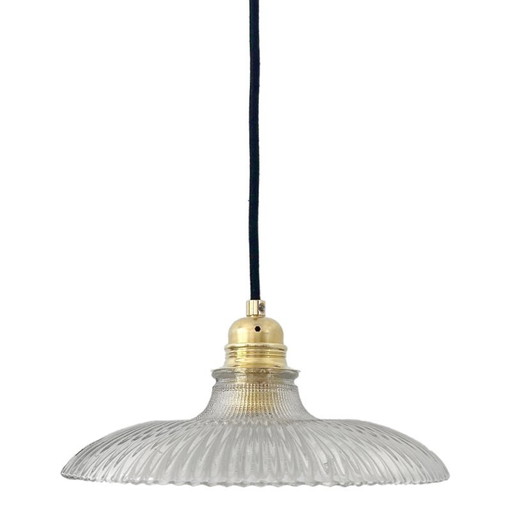 Lampe suspendue Holophane vintage soucoupe améliorée