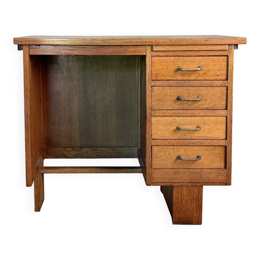 Vintage eikenhouten halfminister bureau – Brass, Art Deco