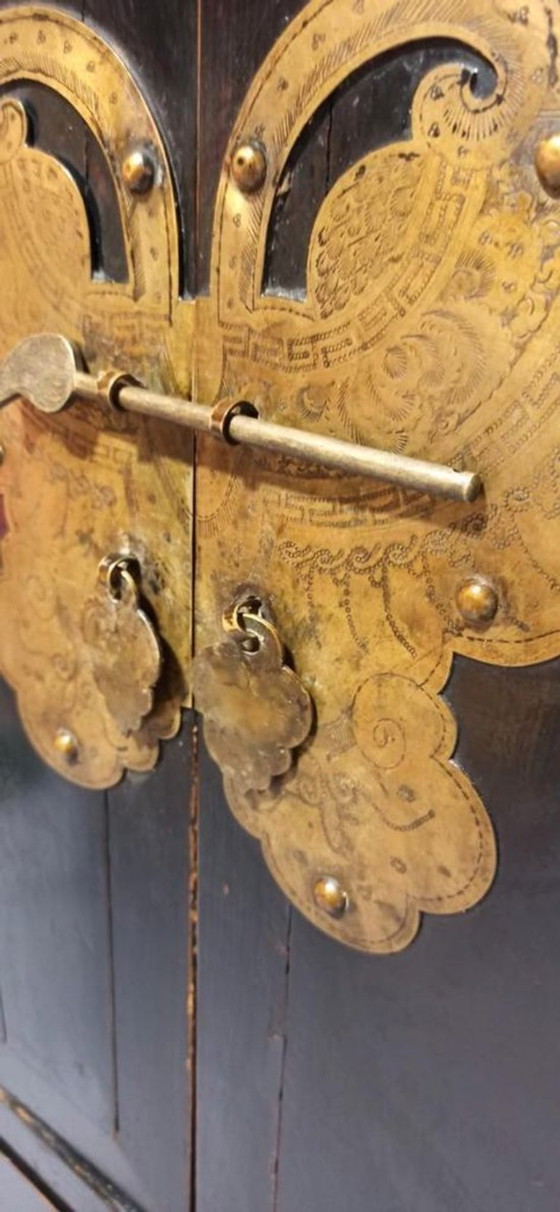 Image 1 of Vintage black lacquered and brass cabinet 