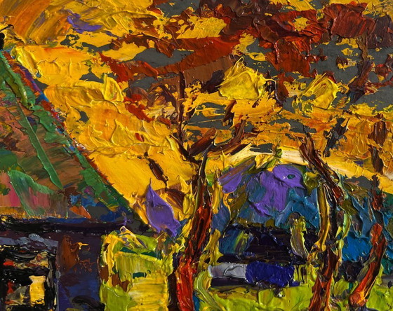 Image 1 of Original Oil Painting Summer House Landscape Warm evening in the village