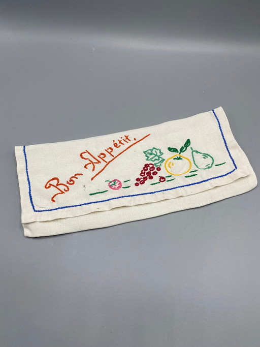 Vintage geborduurde servethouder "Bon Appétit" - vintage tafellinnen – decoratieve objecten, Canvas
