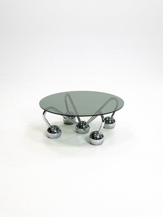 Image 1 of Sputnik salontafel in verchroomd metaal en gerookt glas, jaren 70, Italië