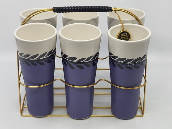 Erdecor Orangeade Basket and Cups, France, 1950, Set of 7, Tableware, Ceramic, Gold, Black (photo 8 of 11)