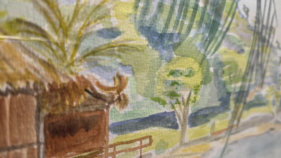 Image 1 of # Willemien ’89 – Puerto Azul | Acquarel/Reisschets vintage | 50 x 40 cm | Ingelijst