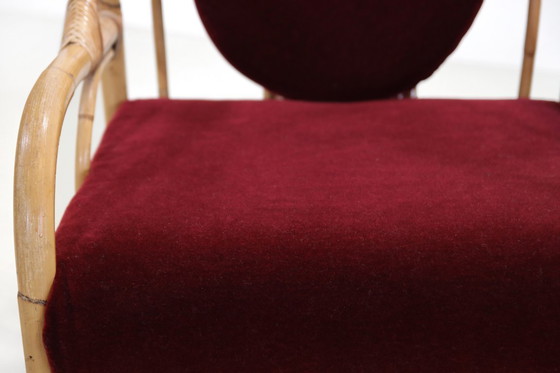 Image 1 of Set of 2 bamboo and rattan armchairs with Bordeaux red Mohair