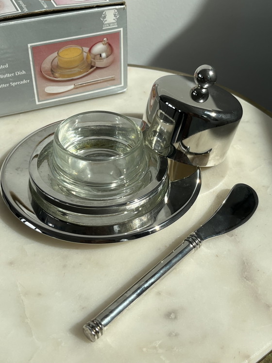 Vintage Hollywood Regency Verzilverde Botervloot Met Mesje – Lion Silver, Tafelaccessoires, Glass, Silver (photo 2 of 6)