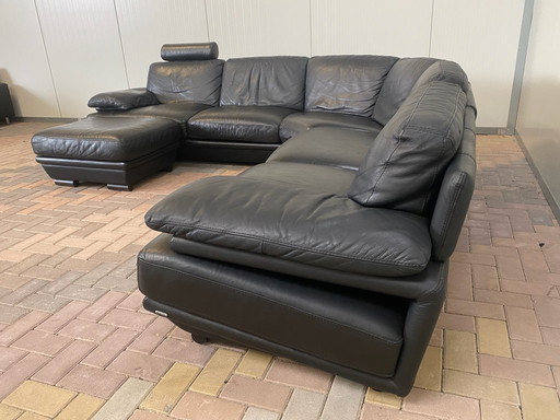  Natuzzi Black Real Leather Corner Sofa + Hocker