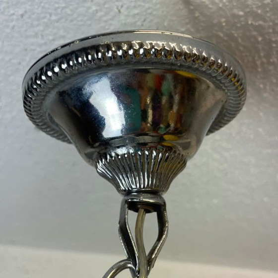 Space Age Chandelier in Chromed Metal with 4 White Opaline Glass Globes, 170s (photo 10 of 12)