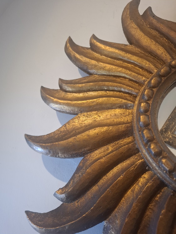 Image 1 of 80cm hoher Sonnenspiegel aus Holz von 1930. 14cm konvexes Glas. RARITÄT