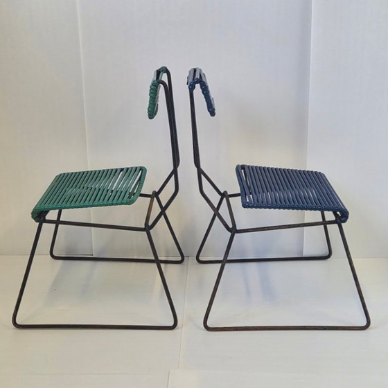 Image 1 of SET OF 3 VINTAGE 1950S METAL & PLASTIC SCOUBIDOU CHAIRS 50S ROCKABILLY