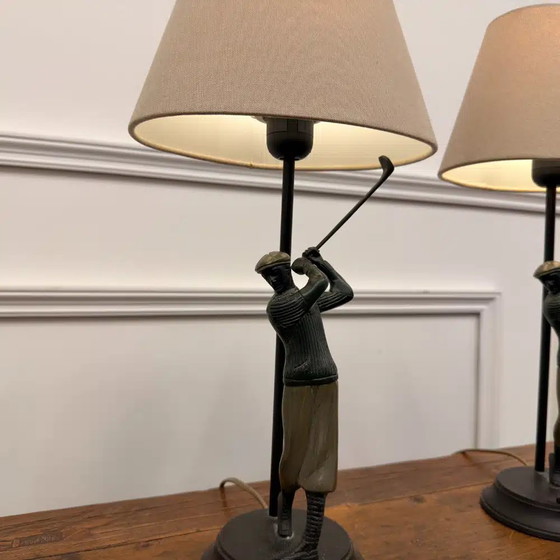 Set di Lampade da Tavolo Golfers in Bronzo, Legno, Klassiek (foto 4 di 9)
