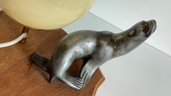 Image 1 of Art Deco Sea Lion Lamp Metal and Blown Glass France