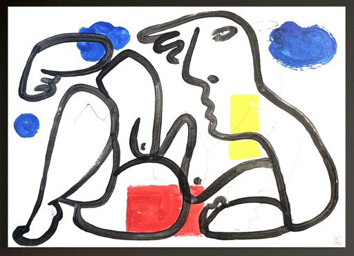 Gundi Falk (1966) Magnificent painting “female nude between blue and red”