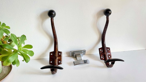 Image 1 of Vintage Patinated Metal Coat Hooks