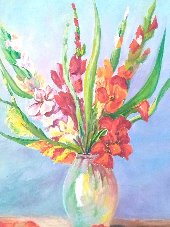 Image 1 of Oil painting on panel – Still life with gladioli