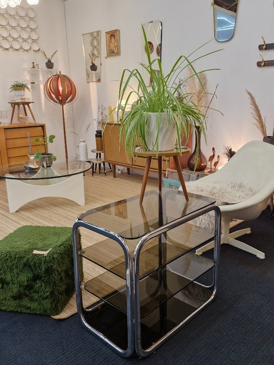 Image 1 of Vintage space age bar cart smoked glass chrome