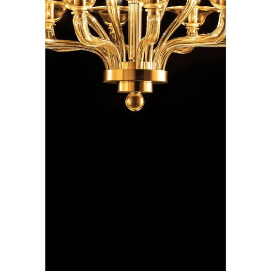 Image 1 of Moderner, bernsteinfarbener, linearer Kronleuchter aus Muranoglas in Gold im zeitgenössischen Stil