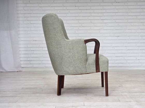 Image 1 of 1960s, Danish armchair, original light grey furniture wool, solid teak wood.