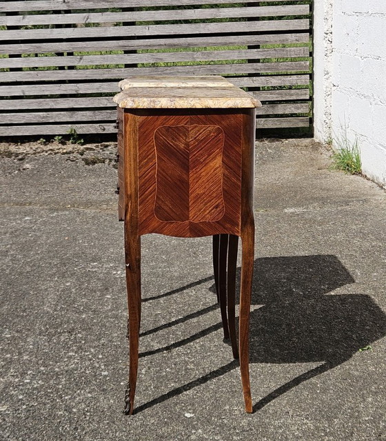 Image 1 of Chateau de Ligny - Pair of 2 French Vintage Marquetry Nightstands-Set of 2 Marble & Wood Bedside Tables-Style Louis XV - 50s