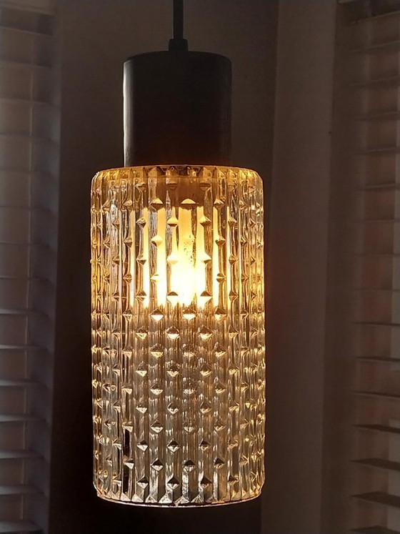Vintage 70s pendant lamp with embossed glass and copper, Transparent (photo 7 of 9)