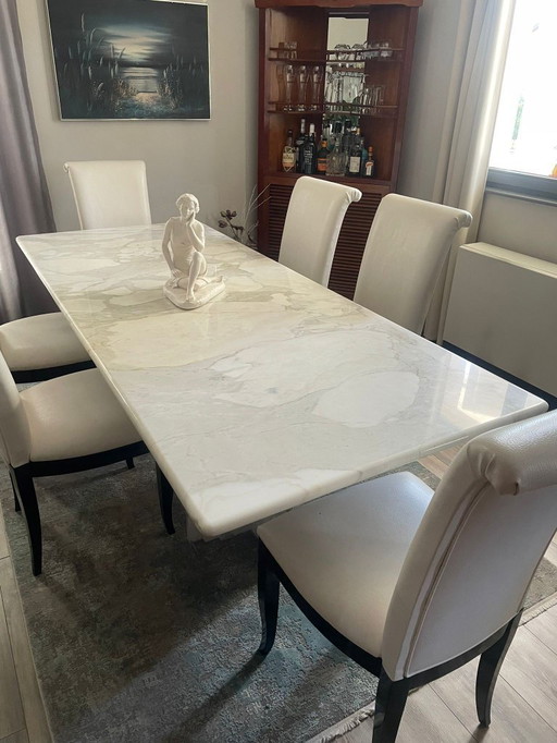 Italian Calacatta Marble Table in Near-New Condition 2.29mx0.95m With 6 Chairs