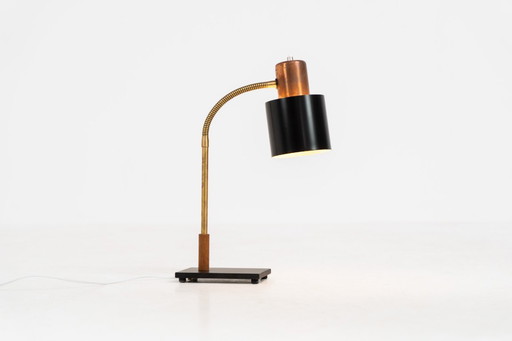 “Beta” table lamp in copper and brass by Jo Hammerborg for Fog & Mørup (Denmark, 1960s).