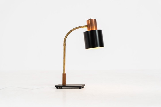 Image 1 of “Beta” table lamp in copper and brass by Jo Hammerborg for Fog & Mørup (Denmark, 1960s).
